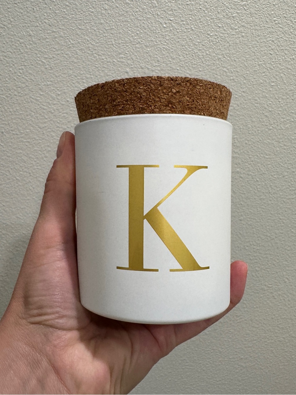 DW Home White Ceramic Jar with Gold 'K' and Cork Lid